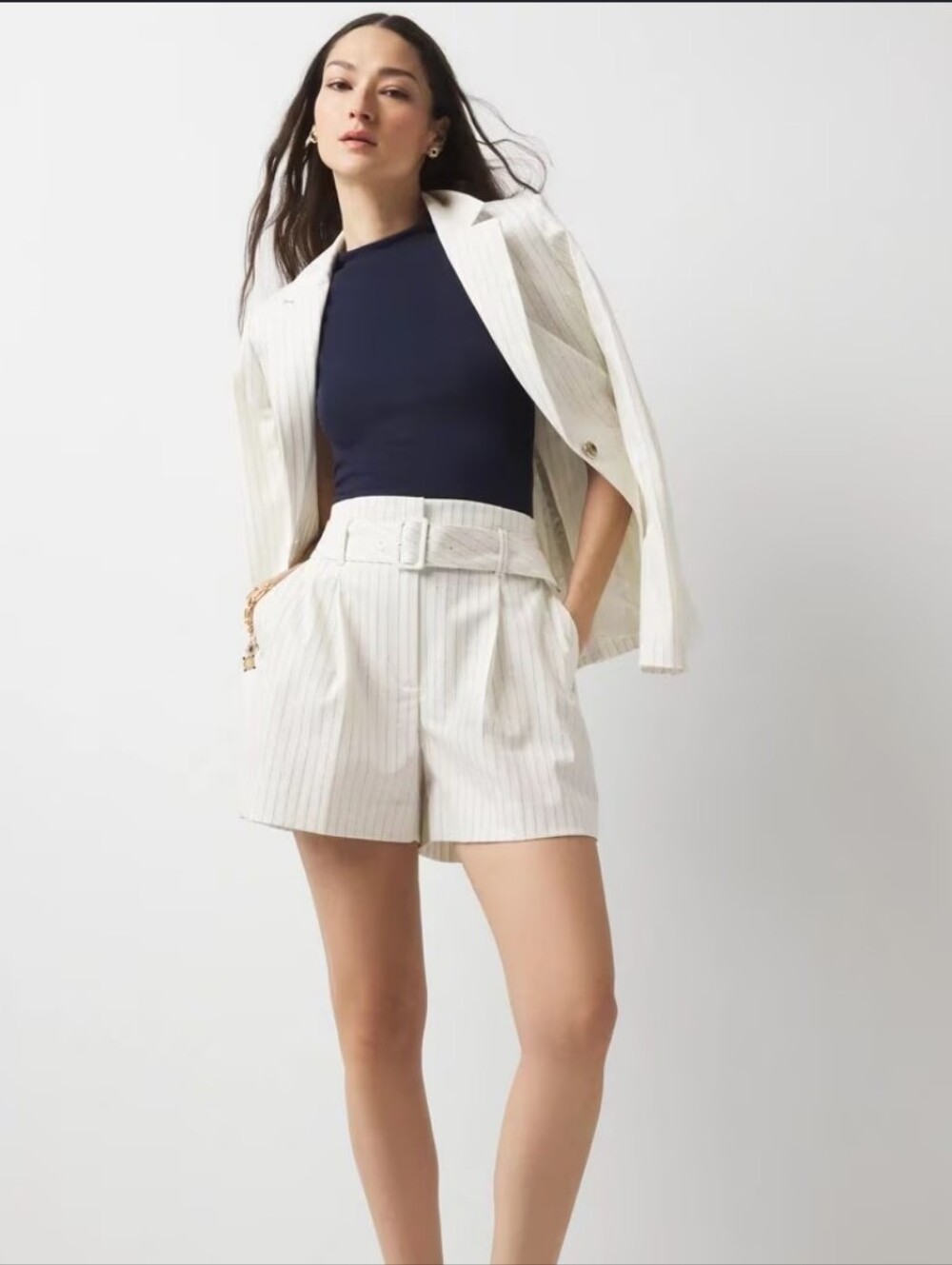 NWT White House Black Market Ivory Pinstripe Belted Shorts